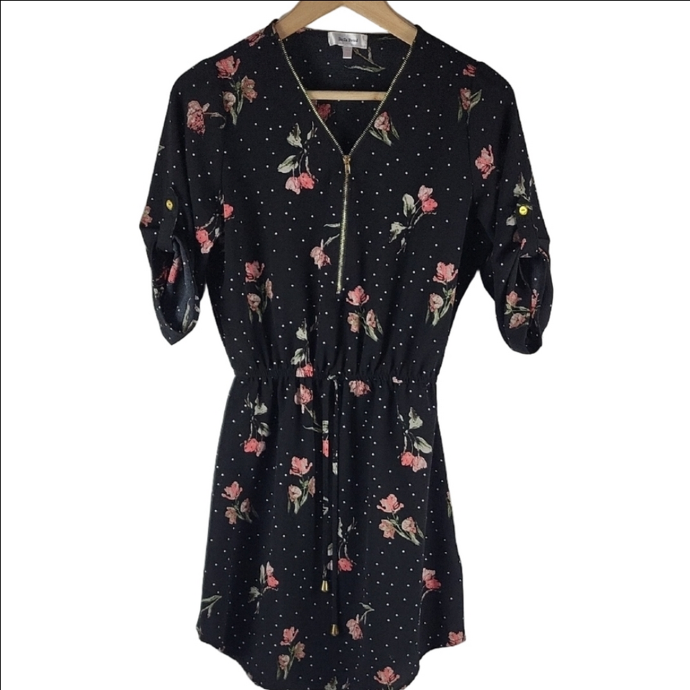 Stella Tweed Short Sleeve Black Dress Red/White Flowers Zipper Neckline Size XS